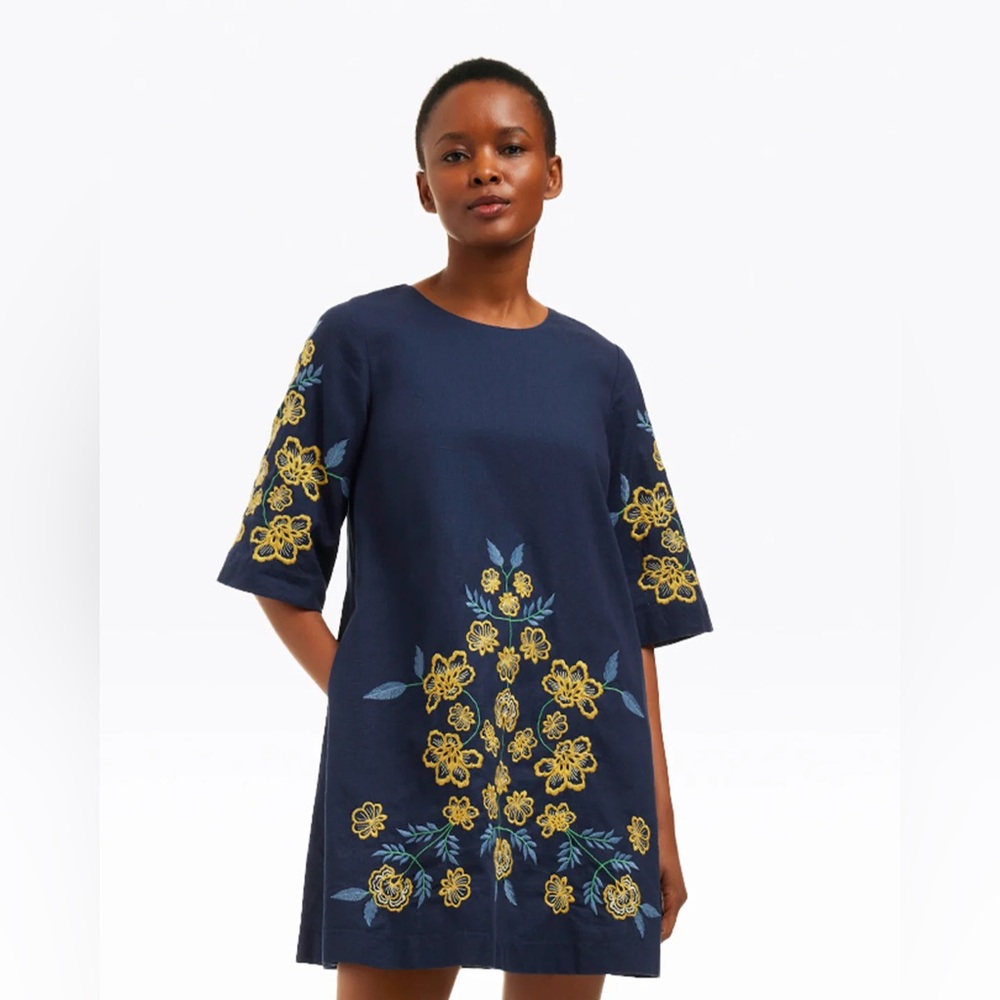Draper James Navy Blue Mini Dress with Yellow Floral Embroidery